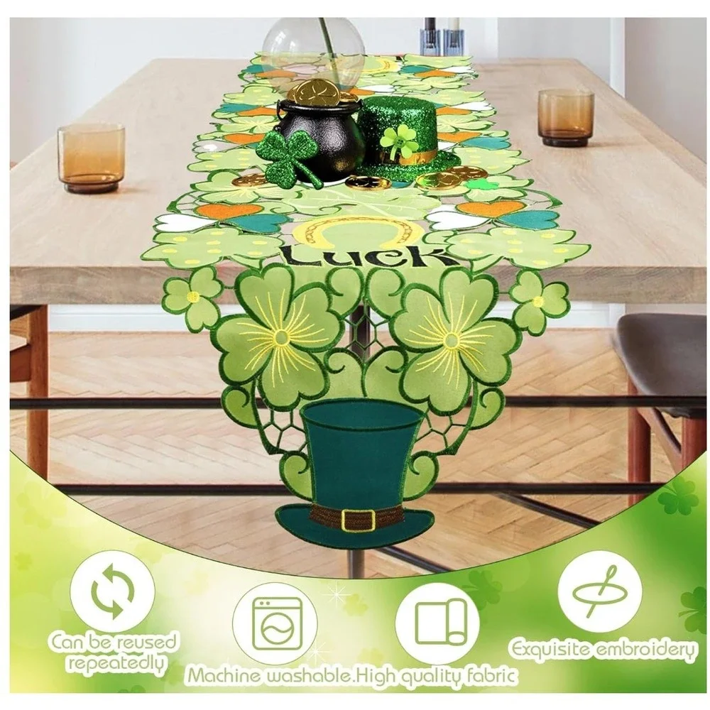 St Patricks Day Table Runner 69x14 Embroidered Shamrock Leprechaun Hat Green